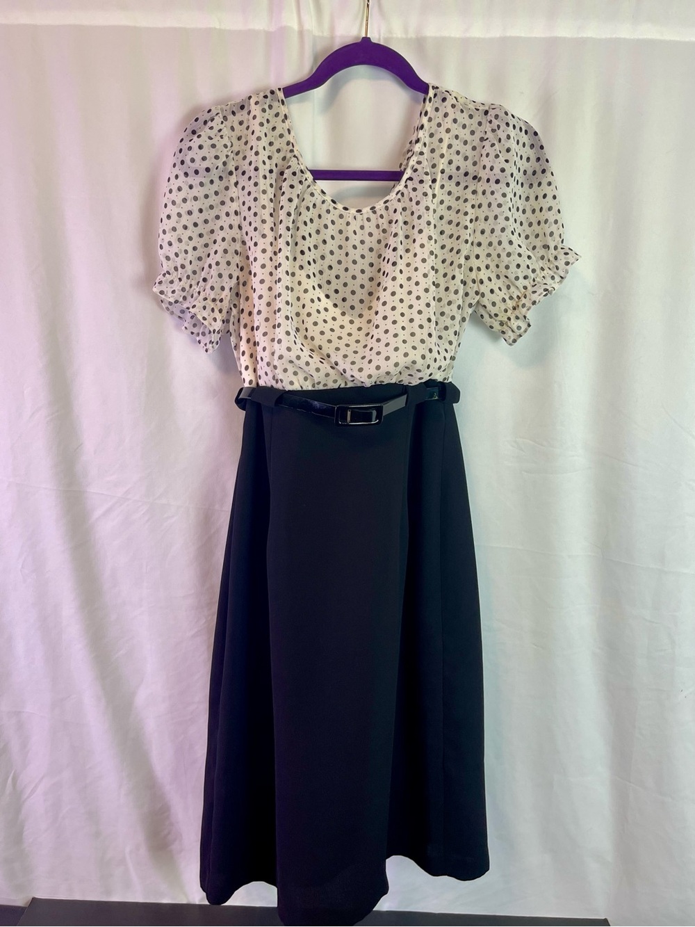 connected apparel Ivory Polka Dot Blouse with Black Midi Dress Size 10